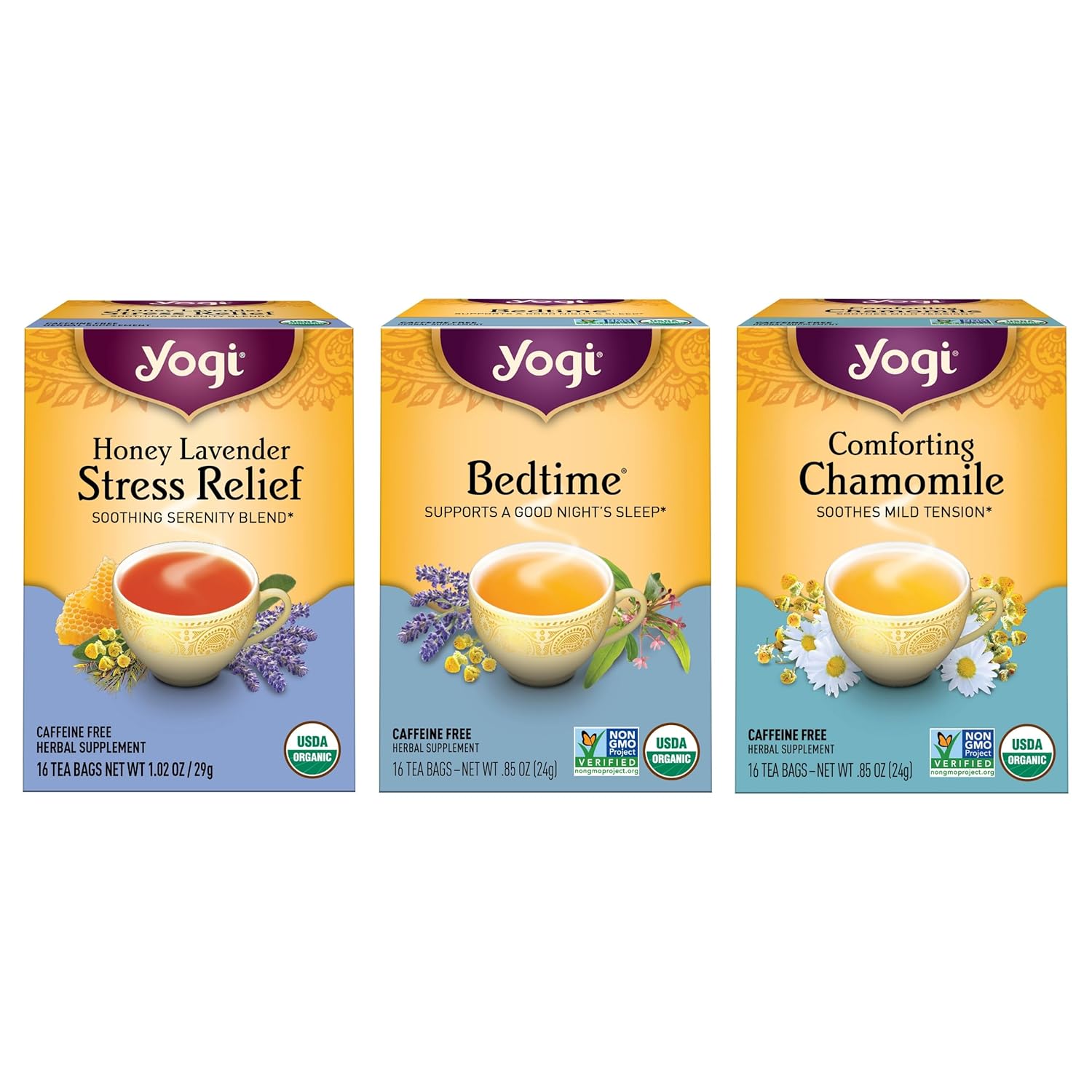 Yogi Tea Relaxation & Stress Relief Tea Variety Pack - 16 Tea Bags Per Pack (3 Packs) - Relaxing Tea Sampler - Includes Honey Lavender Stress Relief Tea, Bedtime Tea & Comforting Chamomile Tea