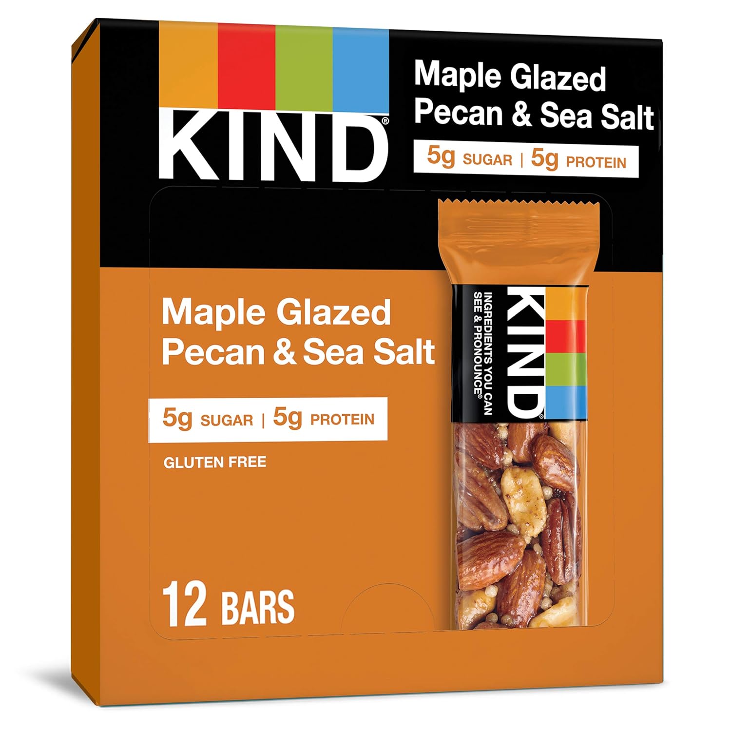 Kind Bars, Maple Glazed Pecan & Sea Salt, Healthy Snacks, Gluten Free, Low Sugar, 12 Count