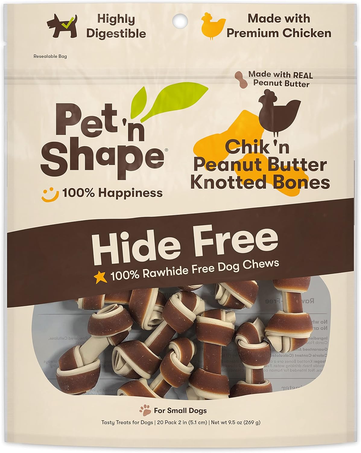 Pet 'N Shape Hide Free Knot Bones With Peanut Butter, 20 Count 9.5 Oz - Rawhide Free Dog Treats - No Hide Alternative Chew Treat For All Life Stages