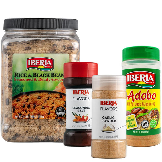 Iberia Seasoning Salt, 12 Oz + Iberia Garlic Powder, 9.1 Oz + Iberia Rice and Black Beans Jar 3.4 lb. + Iberia Adobo Without Pepper, 16 oz : Grocery & Gourmet Food