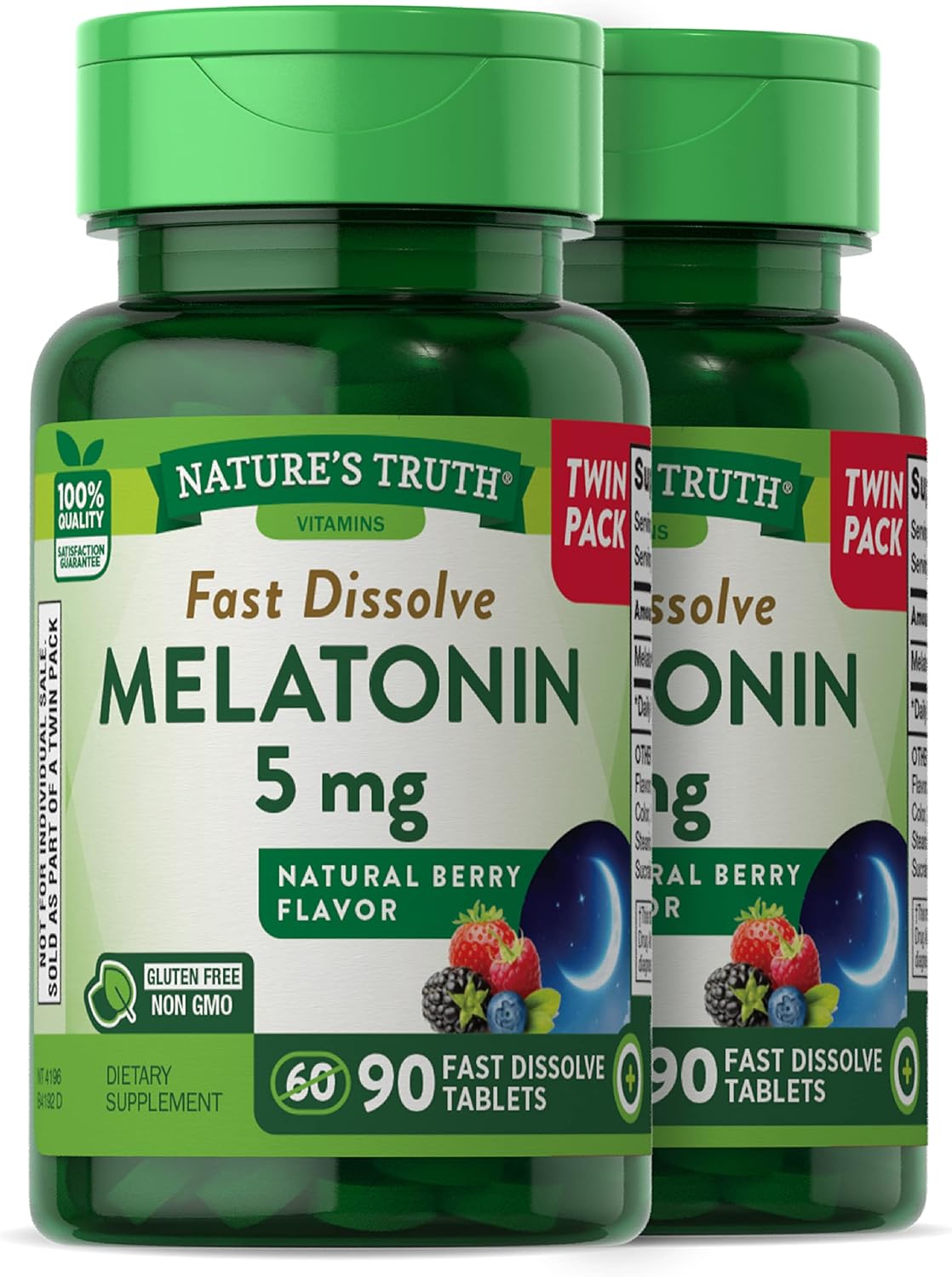 Nature'S Truth Melatonin 5 Mg | 180 Fast Dissolve Tablets (2 X 90 Twin Pack) | Natural Berry Flavor | Vegetarian, Non-Gmo, Gluten Free Supplement