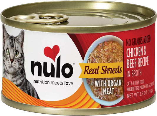 Nulo Grain-Free Real Shreds With Organ Meat Wet Canned Cat & Kitten Food, Chicken And Beef In Broth, 2.8 Ounce, 12 Cans