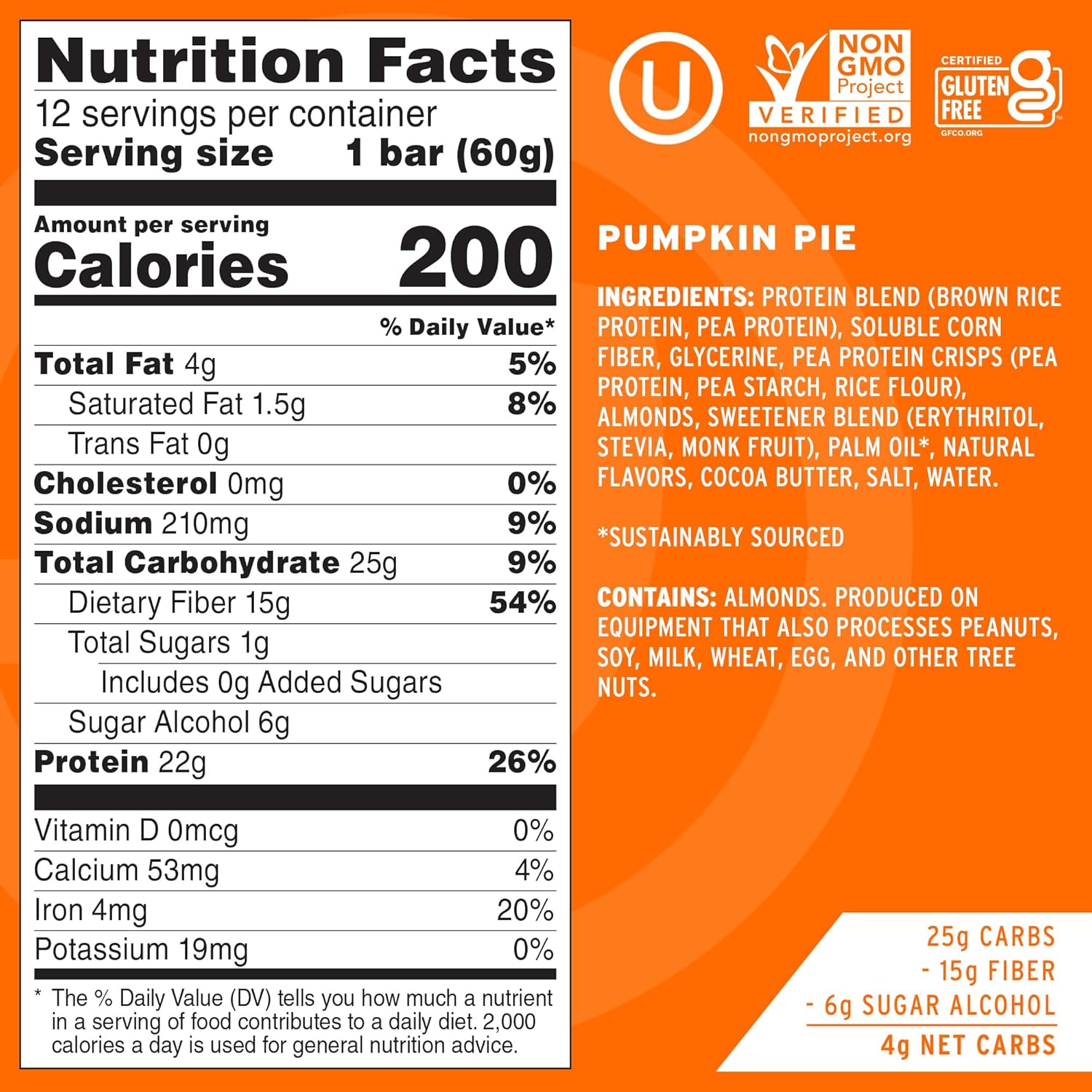 No Cow High Protein Bars, Pumpkin Pie - Healthy Snacks, 20g Vegan Protein, High Fiber, Low Sugar, Keto Friendly, Dairy & Gluten Free (12 Count) : Health & Household