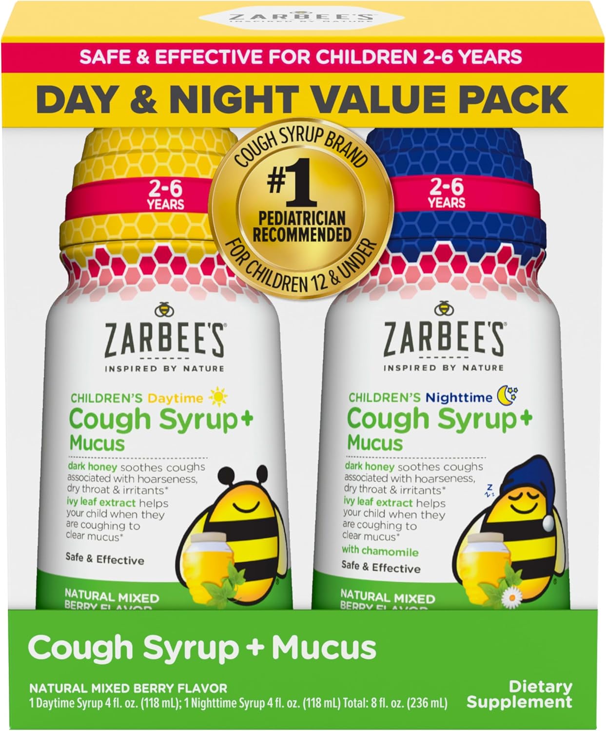 Zarbee’s Kids Cough + Mucus Day/Night Value Pack for Children 2–6 – Honey, Ivy Leaf, Zinc & Elderberry
