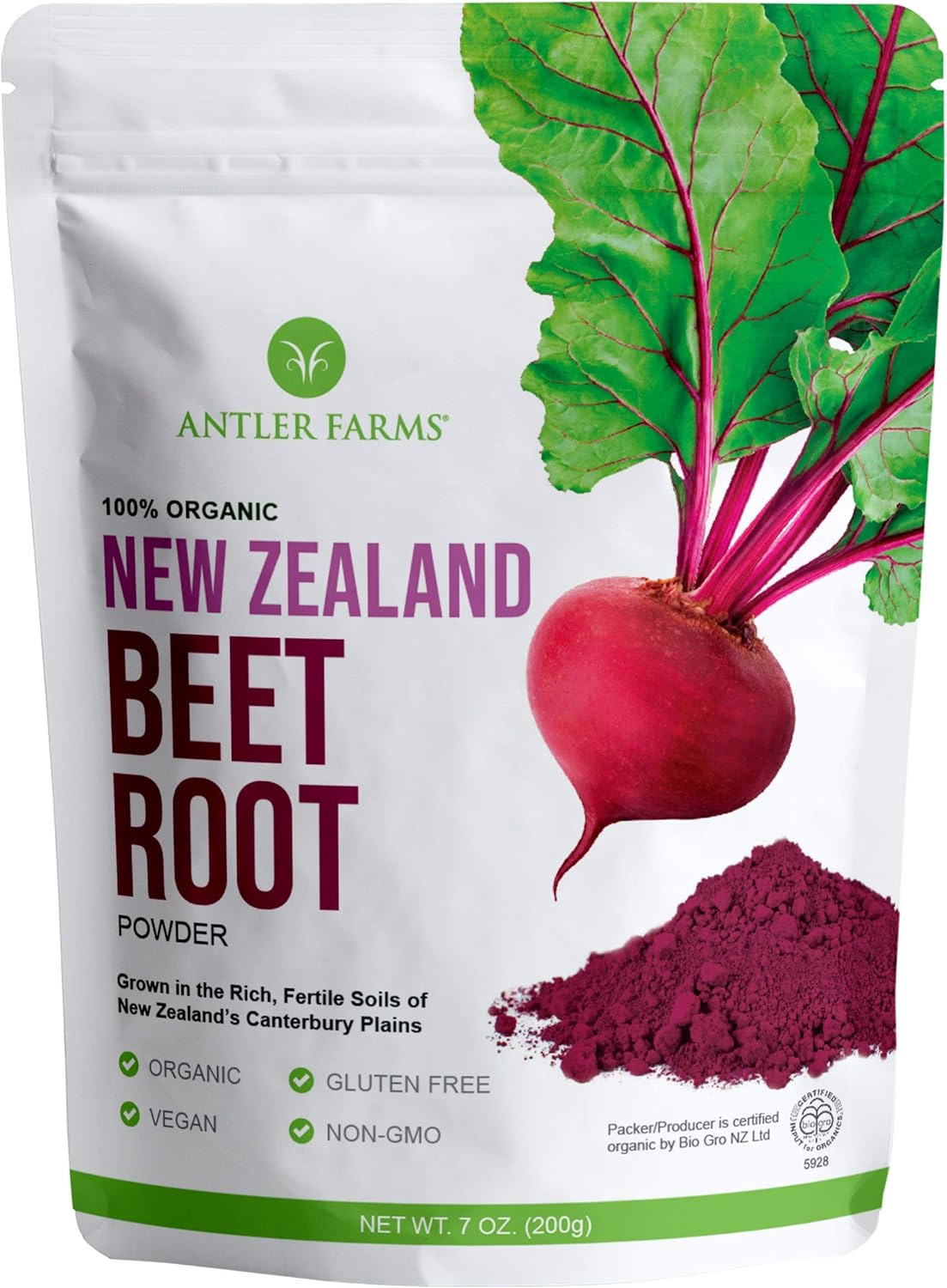 Antler Farms - 100% Pure Organic New Zealand Beet Root Powder, 40 Servings, 200G - Freeze Dried, Raw, Vegan, Gluten Free, Naturally Rich In Nitrates For Performance & Vitality