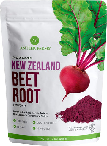 Antler Farms - 100% Pure Organic New Zealand Beet Root Powder, 40 Servings, 200G - Freeze Dried, Raw, Vegan, Gluten Free, Naturally Rich In Nitrates For Performance & Vitality