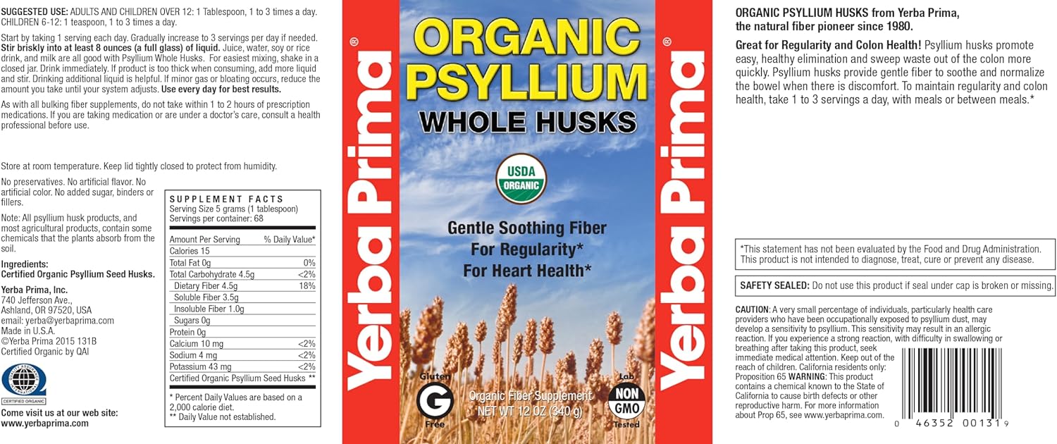 Yerba Prima Organic Psyllium Whole Husks, 12 Ounce (Pack of 2) - Natural Fiber Supplement, Gut Health, Regularity Support, Non GMO, Gluten Free, Keto and Vegan Friendly : Health & Household