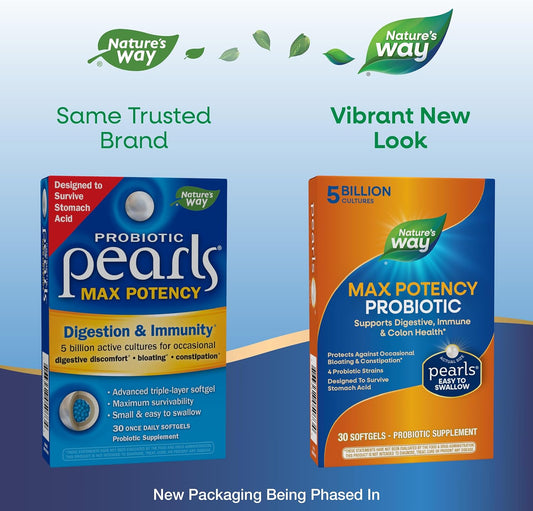 Nature'S Way Max Potency Probiotic Pearls For Men And Women, Supports Digestive, Immune, Colon Health*, 5 Billion Live Cultures, No Refrigeration Required, 30 Softgels (Packaging May Vary)