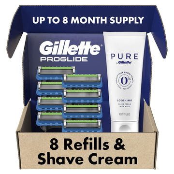 Gillette Proglide Mens Razors 8 Razor Blade Refills Plus Gillette Pure Mens Soothing Shaving Cream With Aloe, 6 Oz