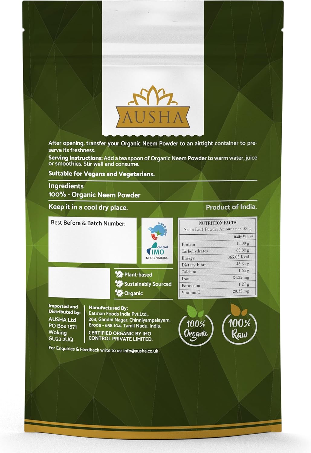 Ausha Organic Neem Powder 100g | UK Certified Organic by Soil Association : Amazon.co.uk: Health & Personal Care