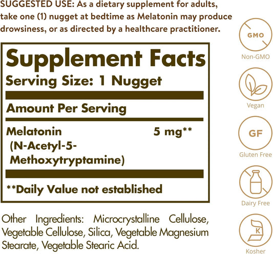 Solgar Melatonin 5 Mg, 120 Nuggets - Helps Promote Relaxation & Sleep - Clinically-Studied Melatonin - Supports Natural Sleep Cycle - Vegan, Gluten Free, Dairy Free, Kosher - 120 Servings