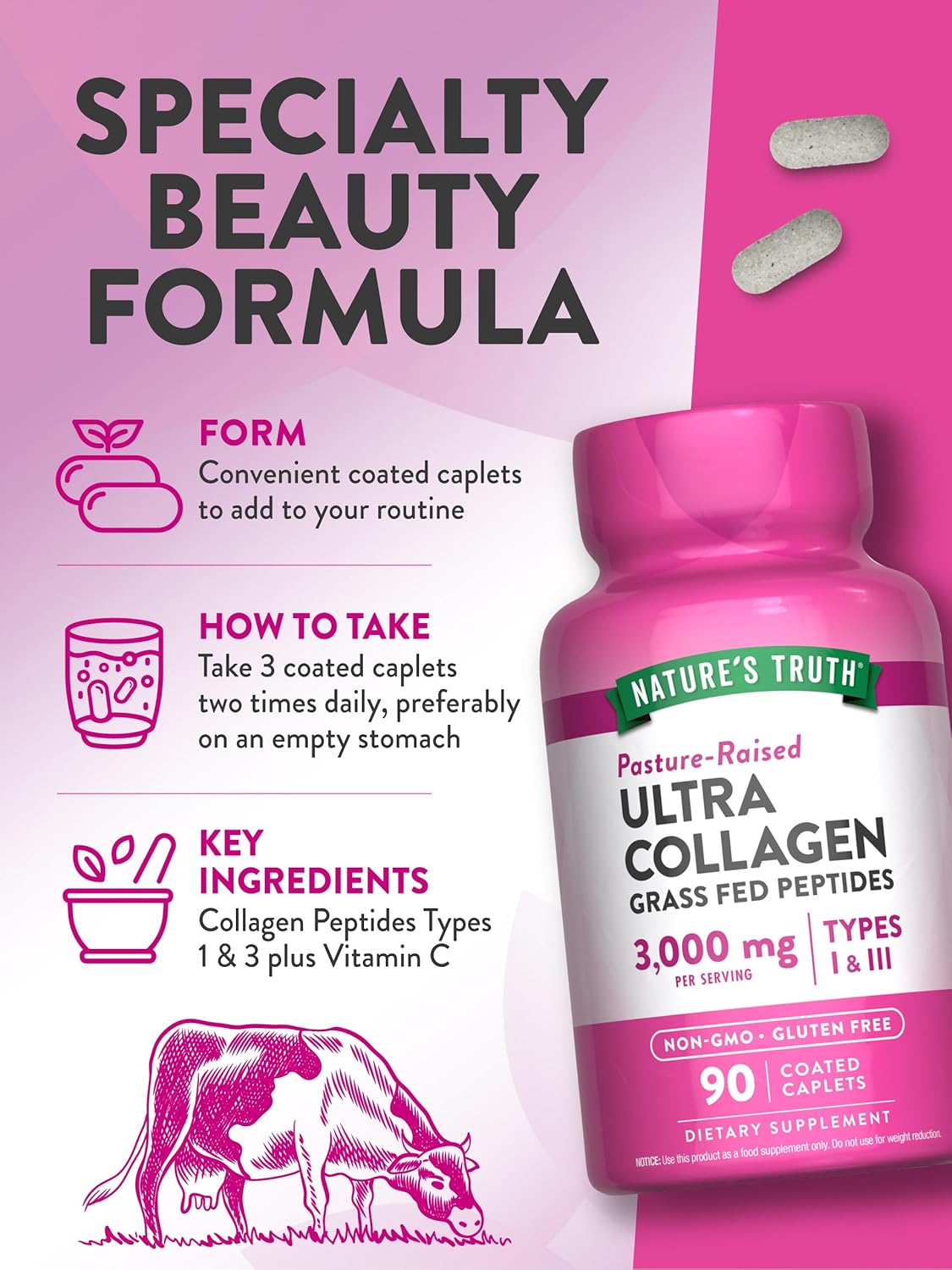 Nature's Truth Collagen Peptides | 90 Caplets | Type 1 and 3 with Vitamin C | Grass Fed, Non-GMO and Gluten Free Pill Supplement : Health & Household