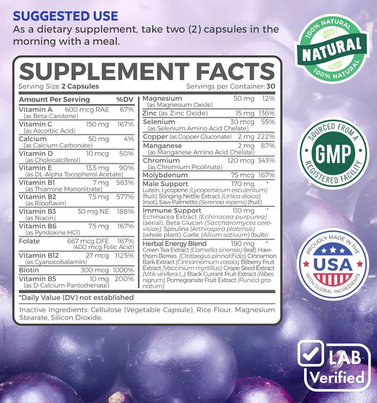 Multivitamin For Men (Non-Gmo) Daily Mens Vitamins & Multimineral Plus Energy Boost, Prostate Support, Eye Health & Antioxidants With Saw Palmetto, Biotin, Lutein For Men - 60 Capsules - Multi Tablet