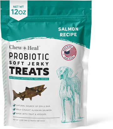 Chew + Heal Labs Probiotic Salmon Jerky Dog Treats - 12 Oz Of Salmon Jerky For Digestive Health - Made With Wild Alaskan Salmon, Apples, Pumpkin, Pea Protein, And More - Made In The Usa