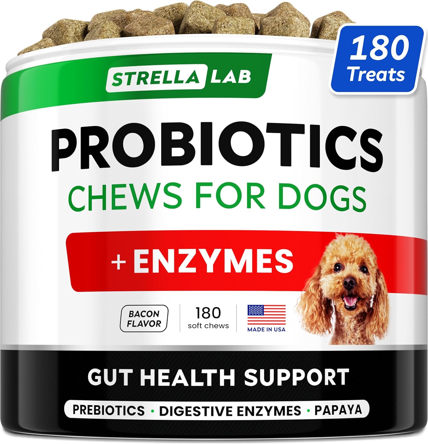 Strellalab Dog Probiotics Treats For Picky Eaters (180Ct) - Digestive Enzymes + Prebiotics - Chewable Fiber Supplement - Allergy, Diarrhea, Gas, Constipation, Upset Stomach Relief - Improve Digestion