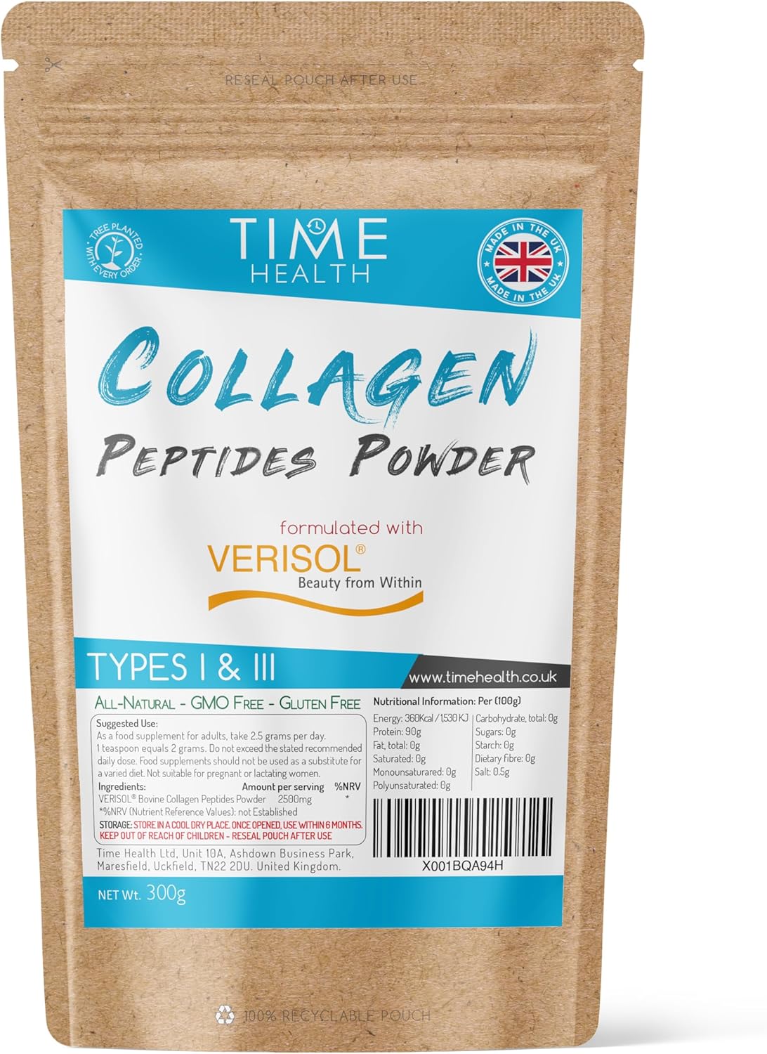 Collagen Peptides Powder - Grass Fed - Bovine - Types I & Iii - Clinically Studied Brand Verisol® Hydrolysed Bioactive Collagen Peptides® (300G Powder Pouch)