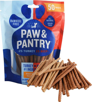 Paw & Pantry 5" Soft & Chewy Stick Twists Made with Real Beef & Turkey - Pack of 50 Rawhide Free Beef & Turkey Dog Treats - Grain-Free Dog Twist Sticks - Healthy Dog Training Treats for Any Size Pup