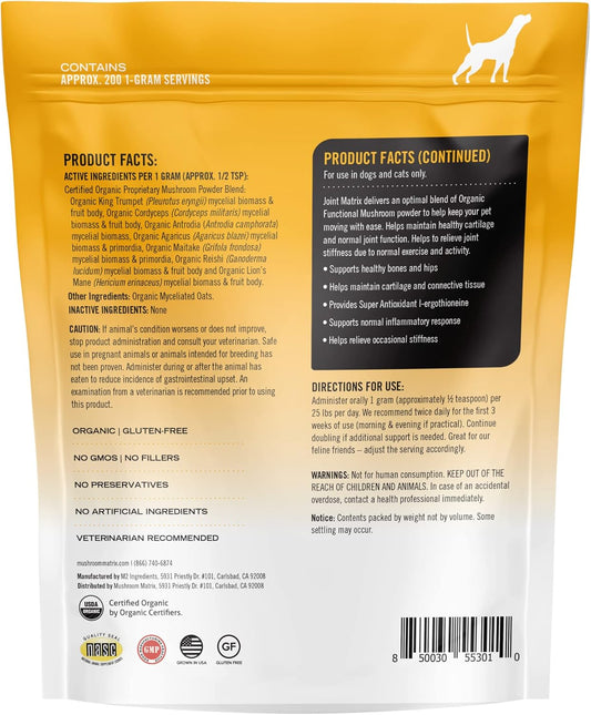 Om Mushroom Matrix Pet - Canine | Joint & Hip Function | Usa Grown Human-Grade Organic Mushroom Powder Pet Supplement | Promotes Resilient Bones & Joints For Dogs & Cats | 100 Grams, 3.5 Oz