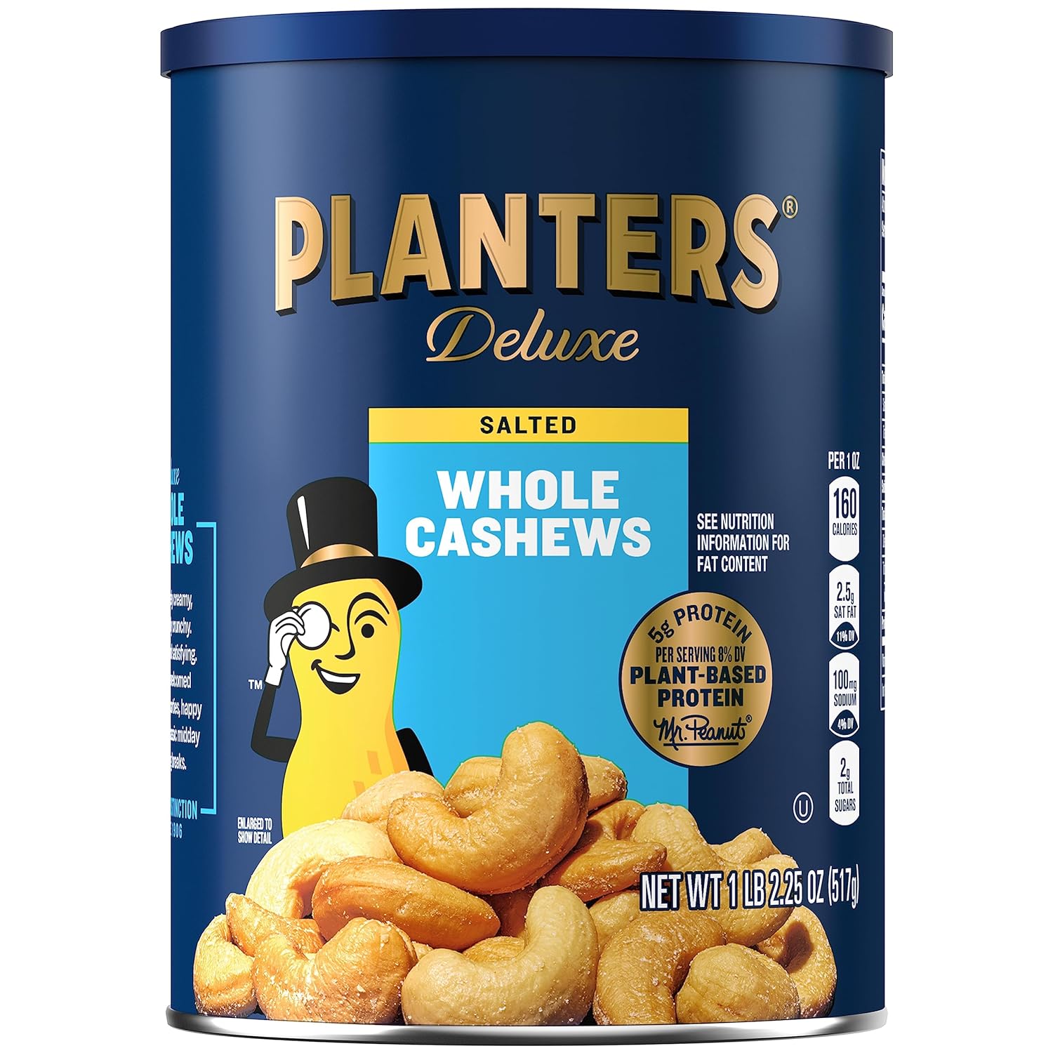 Planters Deluxe Salted Whole Cashews, Party Snacks, Plant-Based Protein, Quick Snack For Adults, After School Snack, Roasted Cashew Flavored With Sea Salt, Bulk Nuts, Kosher, 1 Lb 2.25Oz Canister