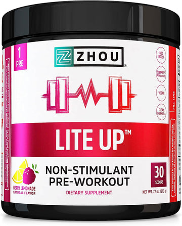 Zhou Nutrition Lite Up, Non-Stimulant Pre Workout Powder, Caffeine Free Nitric Oxide Booster, No Sugar Added, Vegan, Gluten Free, Non Gmo, Berry Lemonade, 7.5 Oz