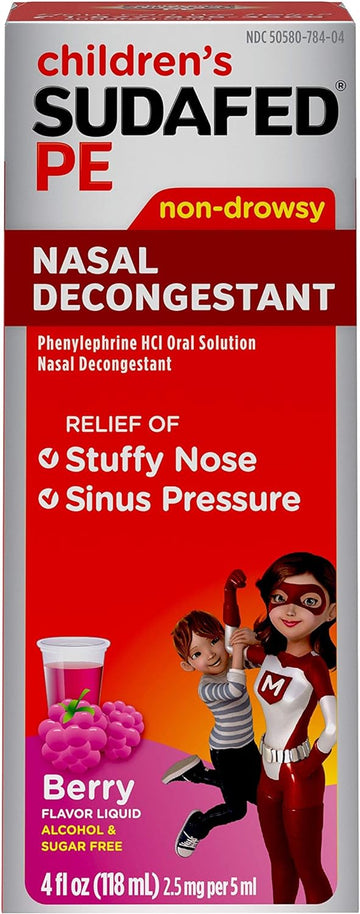 Sudafed Children's PE Nasal Decongestant, Liquid Cold Relief Medicine with Phenylephrine HCl, Alcohol Free and Sugar-Free, Berry-Flavored, 4 fl. oz
