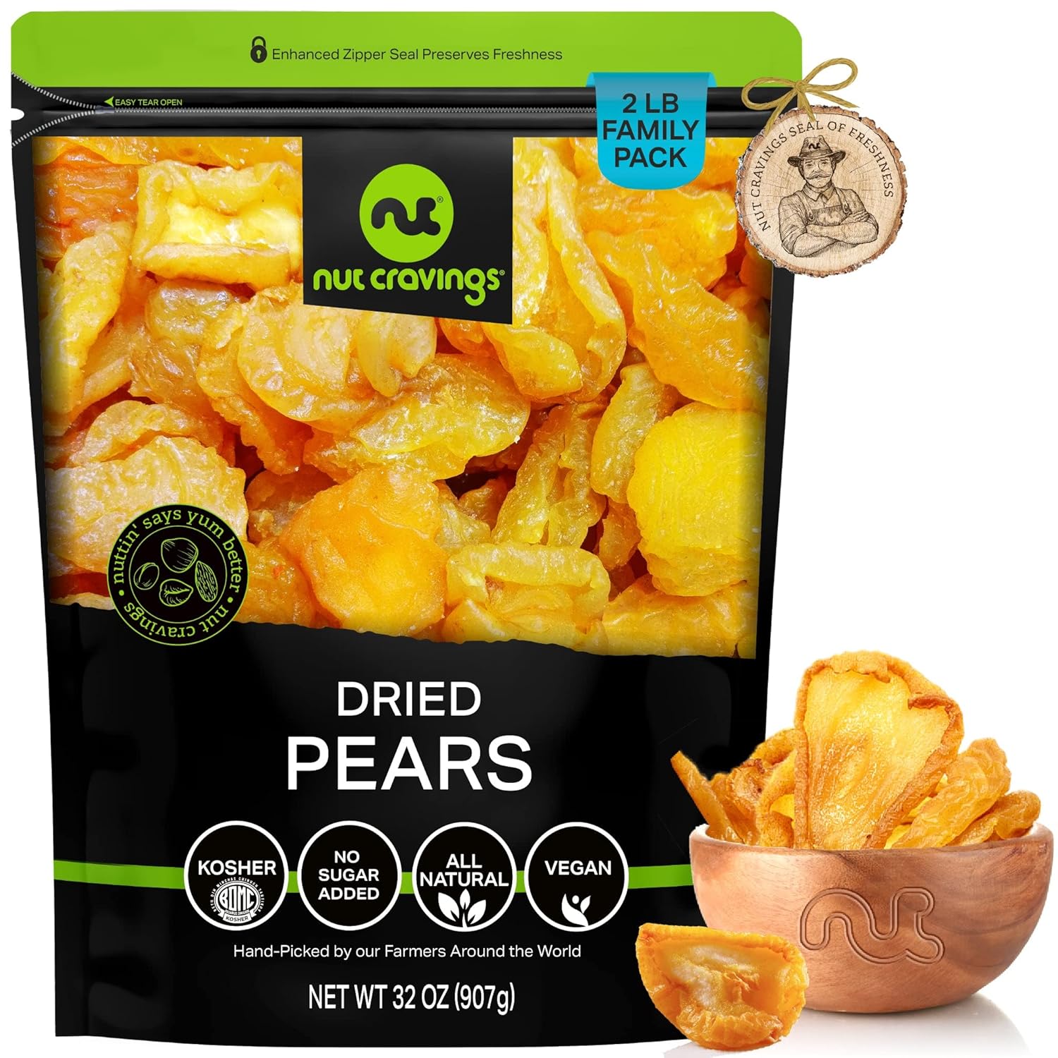 Nut Cravings Dry Fruits - Sun Dried California Pears, No Sugar Added (32Oz - 2 Lb) Packed Fresh In Resealable Bag - Sweet Snack, Healthy Food, All Natural, Vegan, Kosher Certified