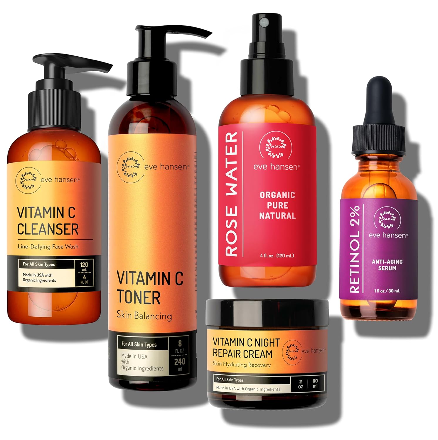 Eve Hansen Night Skincare Bundle – Vitamin C Cleanser, Vitamin C Toner, Rose Water, Retinol Serum & Night Repair Cream – Hydrating & Nourishing Skincare For All Skin Types