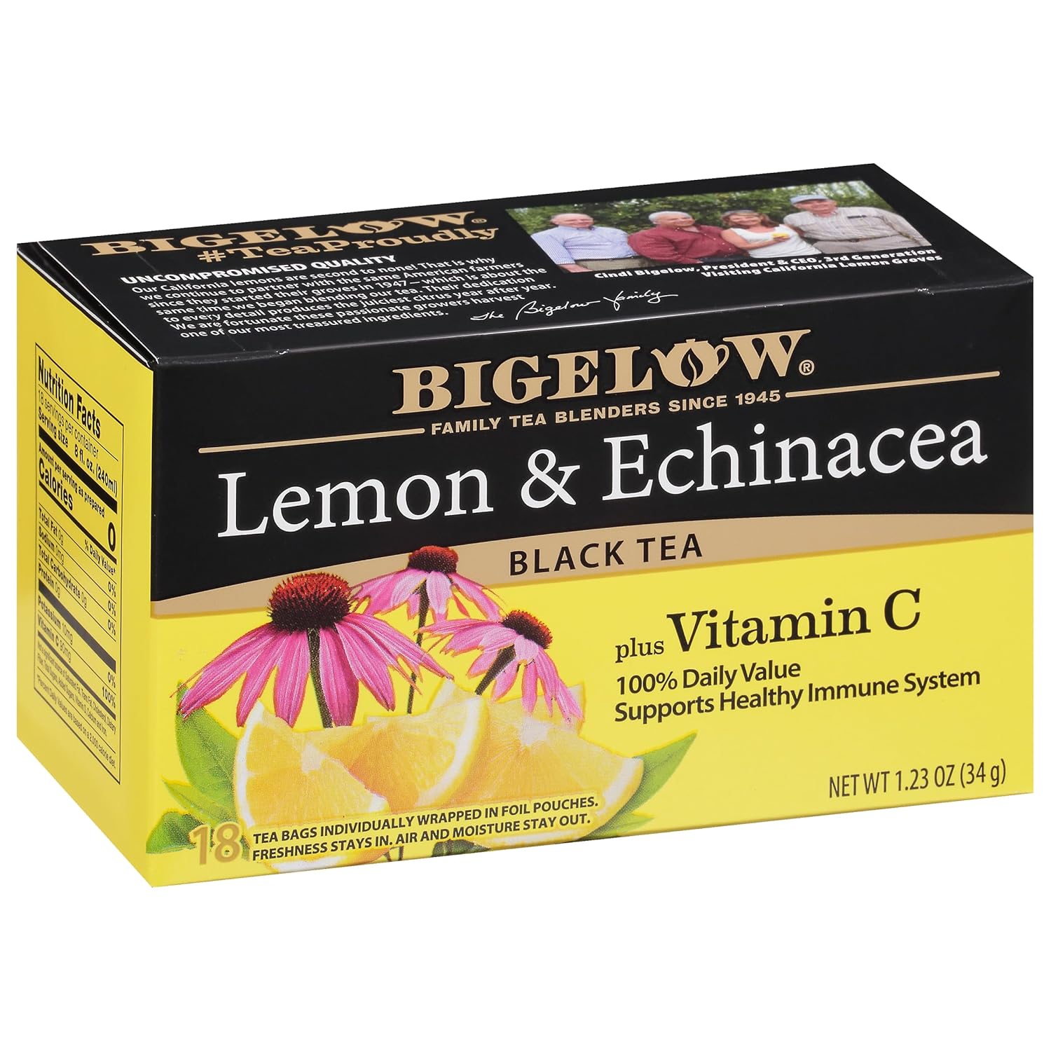 Bigelow Tea Lemon & Echinacea Plus Vitamin C Black Tea, Caffeinated Tea With Lemon And Echinacea, 18 Count Box (Pack Of 6), 108 Total Tea Bags