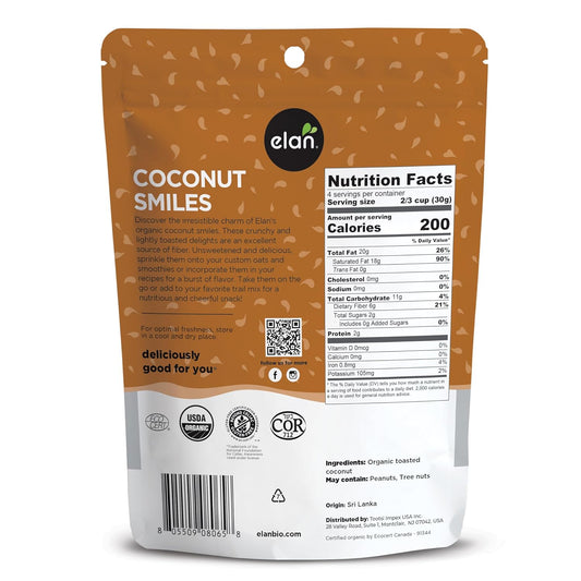 Elan Organic Coconut Smiles, 4.4 oz, Dried Coconut, Lightly Roasted, Unsweetened Coconut Chips, No Sugar Added, Non-GMO, Vegan, Gluten-Free, Kosher
