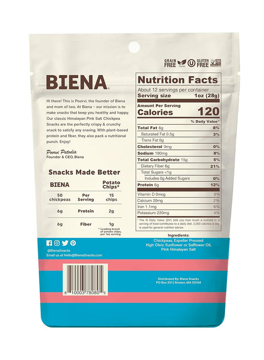 BIENA Roasted Chickpea Snacks – Himalayan Salt, 1 Value Pack – Crispy Salted Chickpeas Loaded with Protein & Fiber - Delicious, Healthy Snacks for Adults and Kids