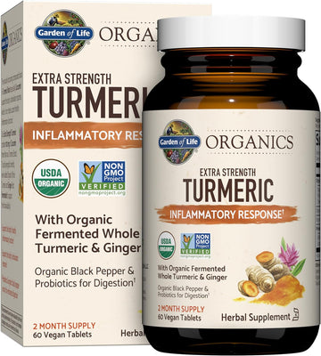 Garden of Life Organics Extra Strength Turmeric Inflammatory Response 60 Tablets-100mg Curcumin (95% Curcuminoids) Black Pepper, Probiotics, Organic Non-GMO Vegan Gluten Free Herbal Supplement