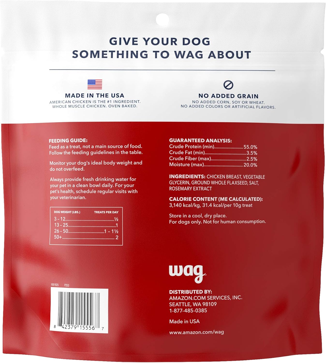 Amazon Brand – Wag Chewy Whole Muscle American Jerky Dog Treats – Chicken & Flaxseed (1 lb), Grain Free : Pet Supplies