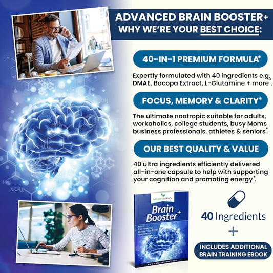 40-in-1 Brain Booster Supplement For Focus, Memory, Clarity, Energy | Advanced Vitamins Plus eBook | For Men & Women, Cognitive Function Nootropic Support with DMAE, Brain Health Formula | 60 Capsules