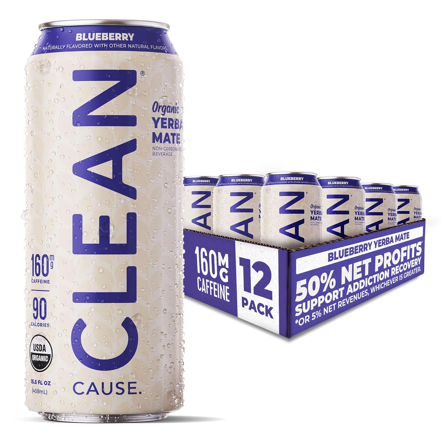 New! Clean Cause Blueberry Usda Organic Yerba Mate Tea (15.5Oz Cans, 12-Pack Case) Non-Carbonated, 160Mg Caffeine