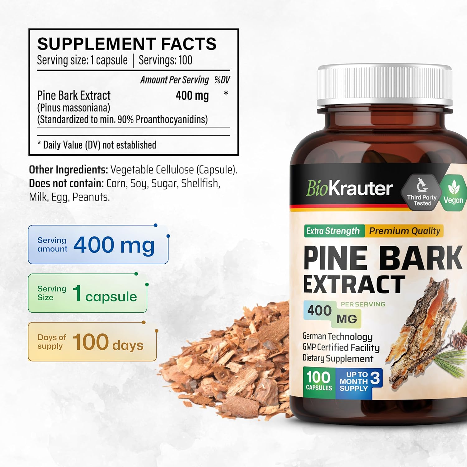 BIO KRAUTER Pine Bark Extract Capsules - Potent Antioxidant Supplement - 95% Proanthocyanidins - 400 mg Organic Pine Bark Extract Pills - 100 Vegan Caps : Health & Household