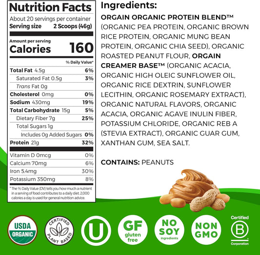 Orgain Organic Vegan Protein Powder, Peanut Butter - 21G Plant Based Protein, 7G Prebiotic Fiber, No Lactose Ingredients, No Added Sugar, Non-Gmo, For Shakes & Smoothies, 2.03 Lb (Packaging May Vary)