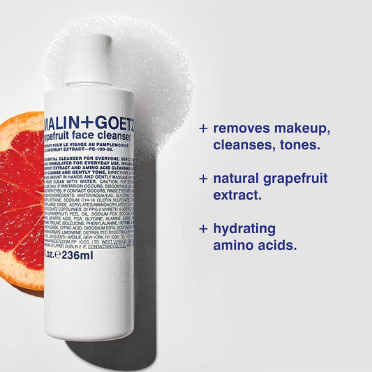 Malin + Goetz Grapefruit Face Cleanser, 8 Fl. Oz. - Men & Women Facial Cleanser For All Skin Types, Face Wash & Toner, Cleansing Facial Wash, Vegan & Cruelty Free