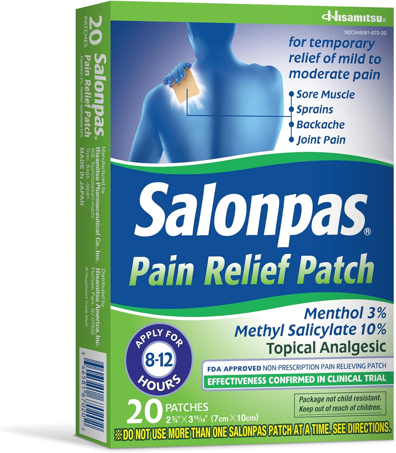 Salonpas Pain Relieving Menthol and Methyl Salicylate Patch, 20 Count, for Back, Neck, Shoulder, Knee Pain and Muscle Soreness, 12 Hour Pain Relief