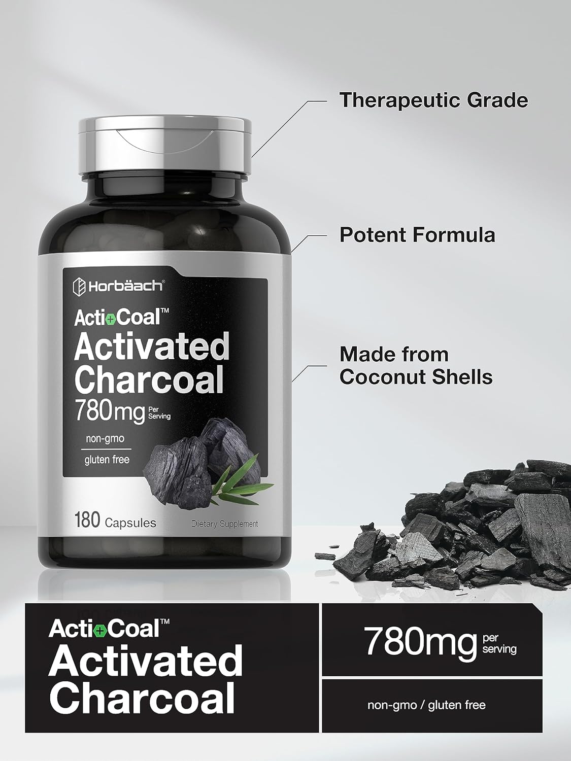 Horbaach Charcoal Pills 780mg | 180 Capsules | Activated Charcoal from Coconut Shells | Non-GMO and Gluten Free : Health & Household