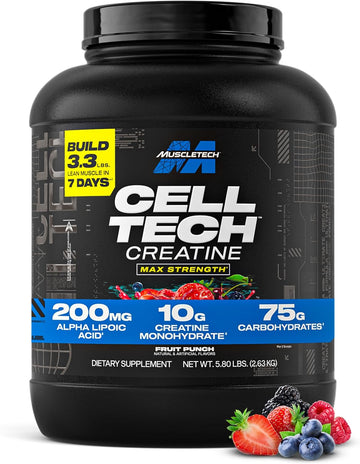 Creatine Monohydrate Powder Muscletech Cell-Tech Creatine Post Workout Recovery Drink Muscle Builder For Men & Women Muscle Building Supplements Fruit Punch, 3 Lbs (27 Serv)