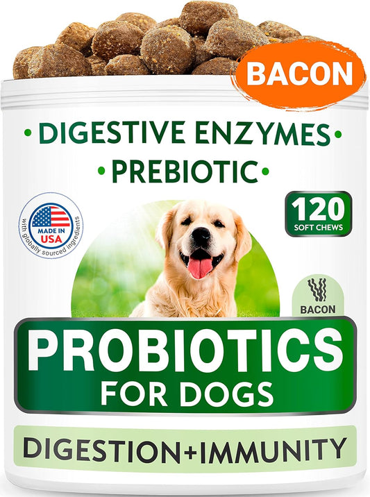 Dog Probiotics Chews Bundle - Gas, Diarrhea, Allergy, Constipation, Upset Stomach Relief - Digestive Enzymes + Prebiotics - Improve Digestion - 120 + 120 Chews - Chicken + Bacon Flavor - Made In Usa