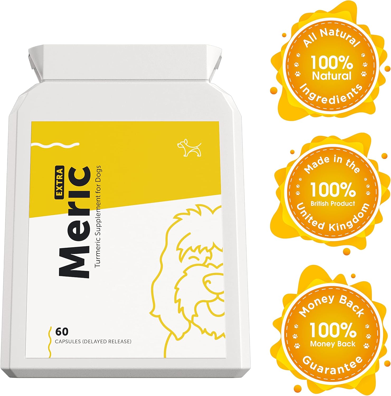 Dog's Lounge - Meric - Advanced Turmeric Extract for Dogs with 95% Curcuminoids and Black Pepper - Antioxidant Hip & Joint Care Supplement Made in the UK (60 Capsules) :Pet Supplies