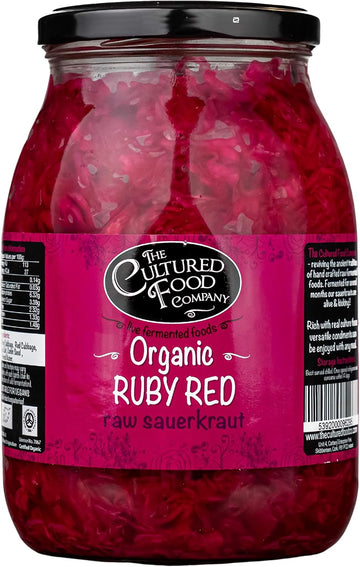 The Cultured Food Company - Organic Ruby Red Sauerkraut 1Kg Jar - 100% Natural Ingredients- Raw & Unpasteurised - Probiotic Rich - Traditionally Fermented Red Cabbage- Handmade - No Preservatives