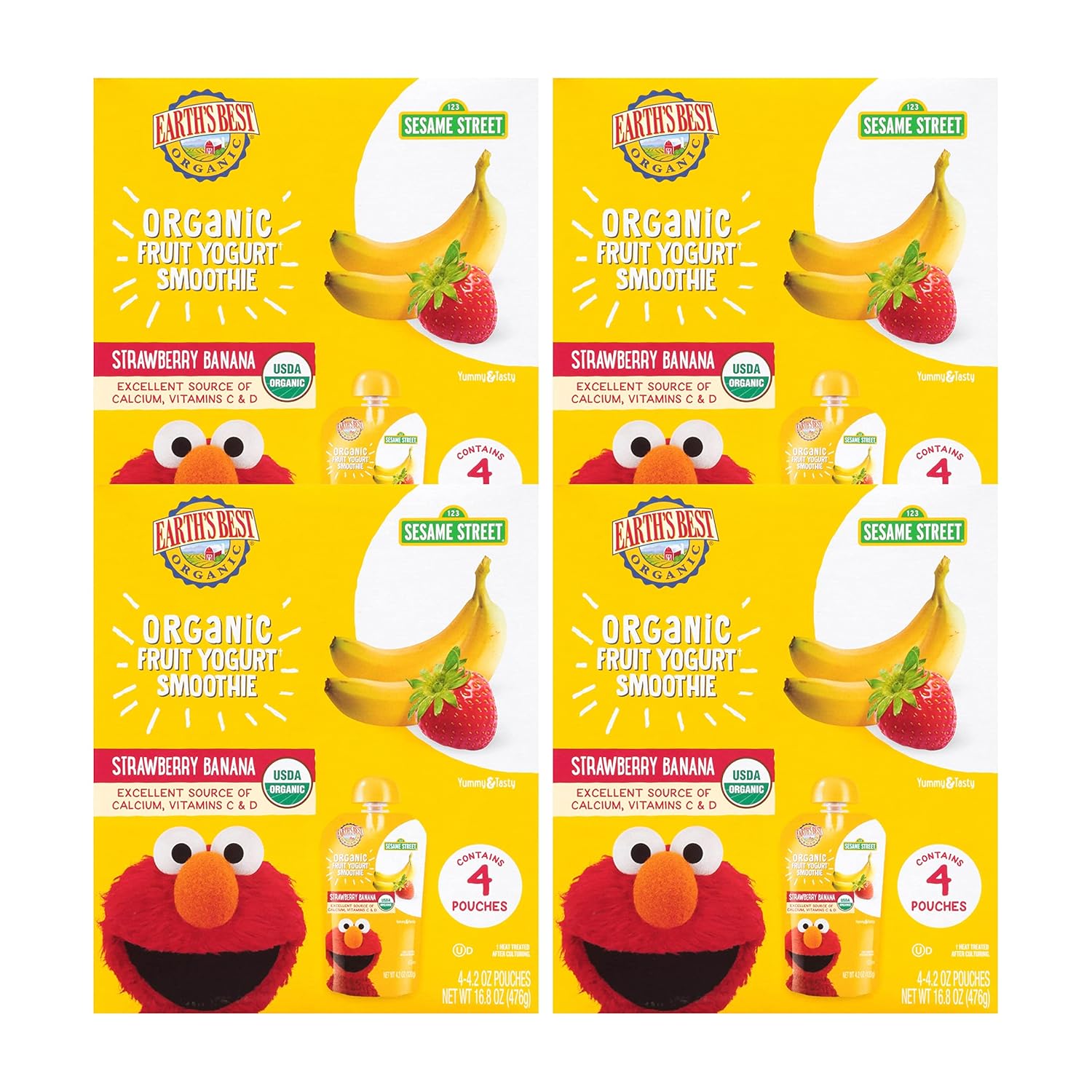 Earth'S Best Organic Kids Snacks, Sesame Street Toddler Snacks, Organic Fruit Yogurt Smoothie For Toddlers 2 Years And Older, Strawberry Banana, 4.2 Oz Resealable Pouch (Pack Of 16)