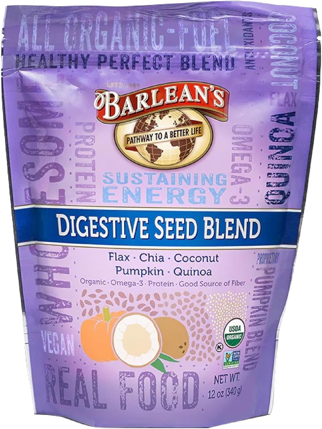 Barlean's Organic Digestive Seed Blend Fiber Supplement with Whole Chia, Ground Flax and Pumpkin Seeds, Quinoa, and Coconut, Rich in Omega 3 & Dietary Fiber, 12 oz