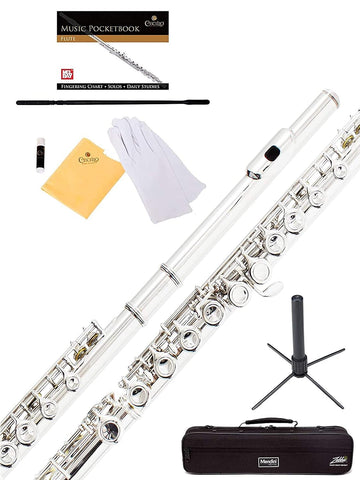 Mendini Closed Hole C Flute with Stand, 1 Year Warranty, Case, Cleaning Rod, Cloth, Joint Grease, and Gloves (Nickel Plated)