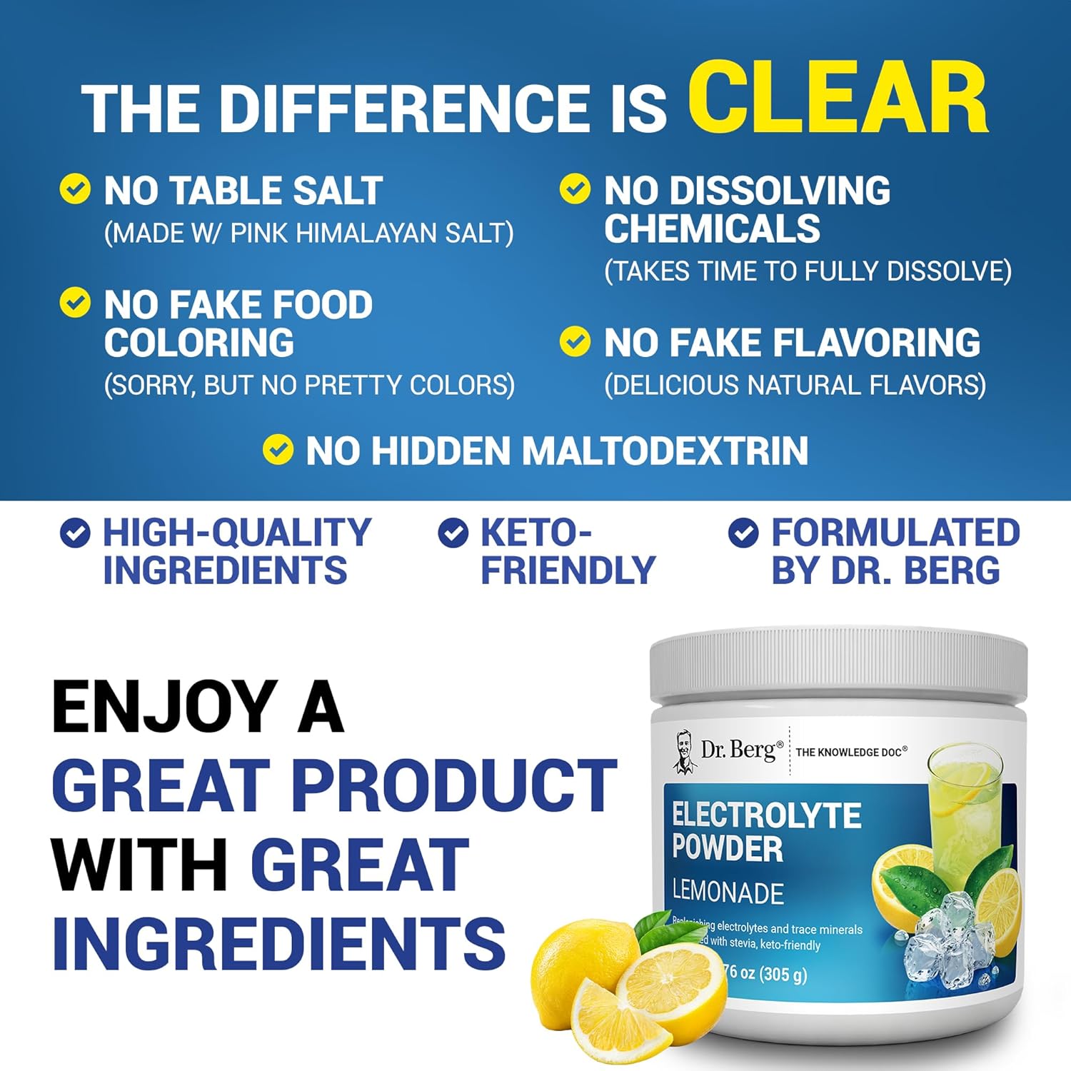 Dr. Berg Zero Sugar Hydration Keto Electrolyte Powder - Enhanced W/ 1000 Mg Of Potassium & Real Pink Himalayan Salt (Not Table Salt) - Lemonade Flavor Hydration Drink Mix Supplement - 50 Servings : Health & Household