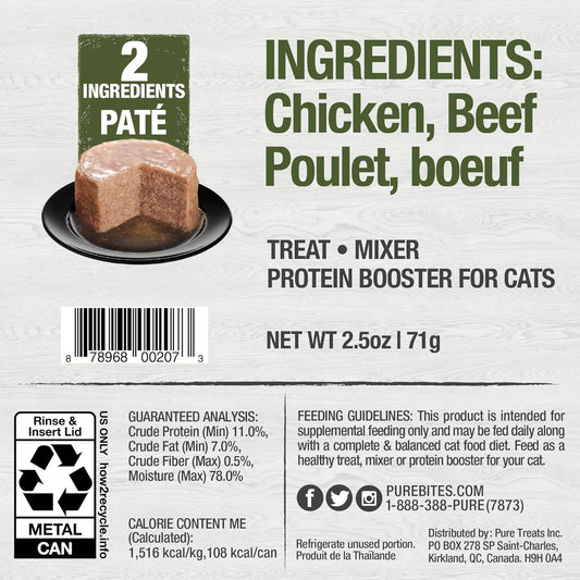 Purebites 100% Pure Chicken & Beef Pate Cat Treat | Single 2.5Oz Can | Only 2 Ingredients | Case Of 12