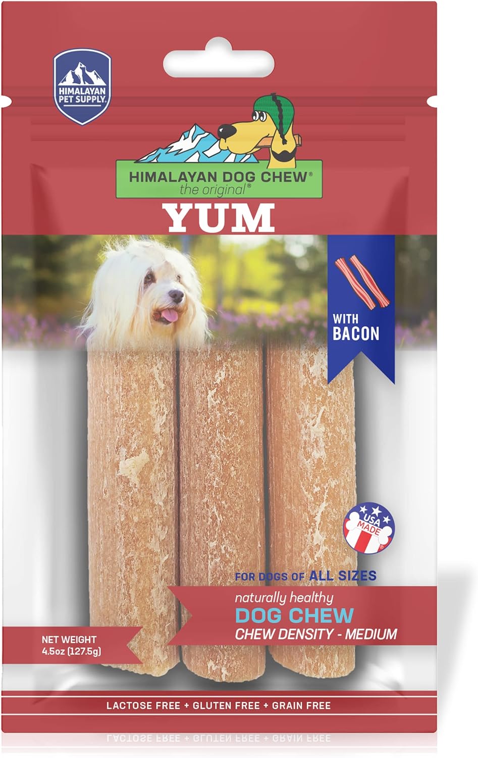 Himalayan Dog Chew Yak Cheese Dog Chews, 100% Natural, Long Lasting, Gluten Free, Healthy & Safe Dog Treats, Lactose & Grain Free, Protein Rich, For All Breeds, Medium, Bacon Flavor, 4.5 oz