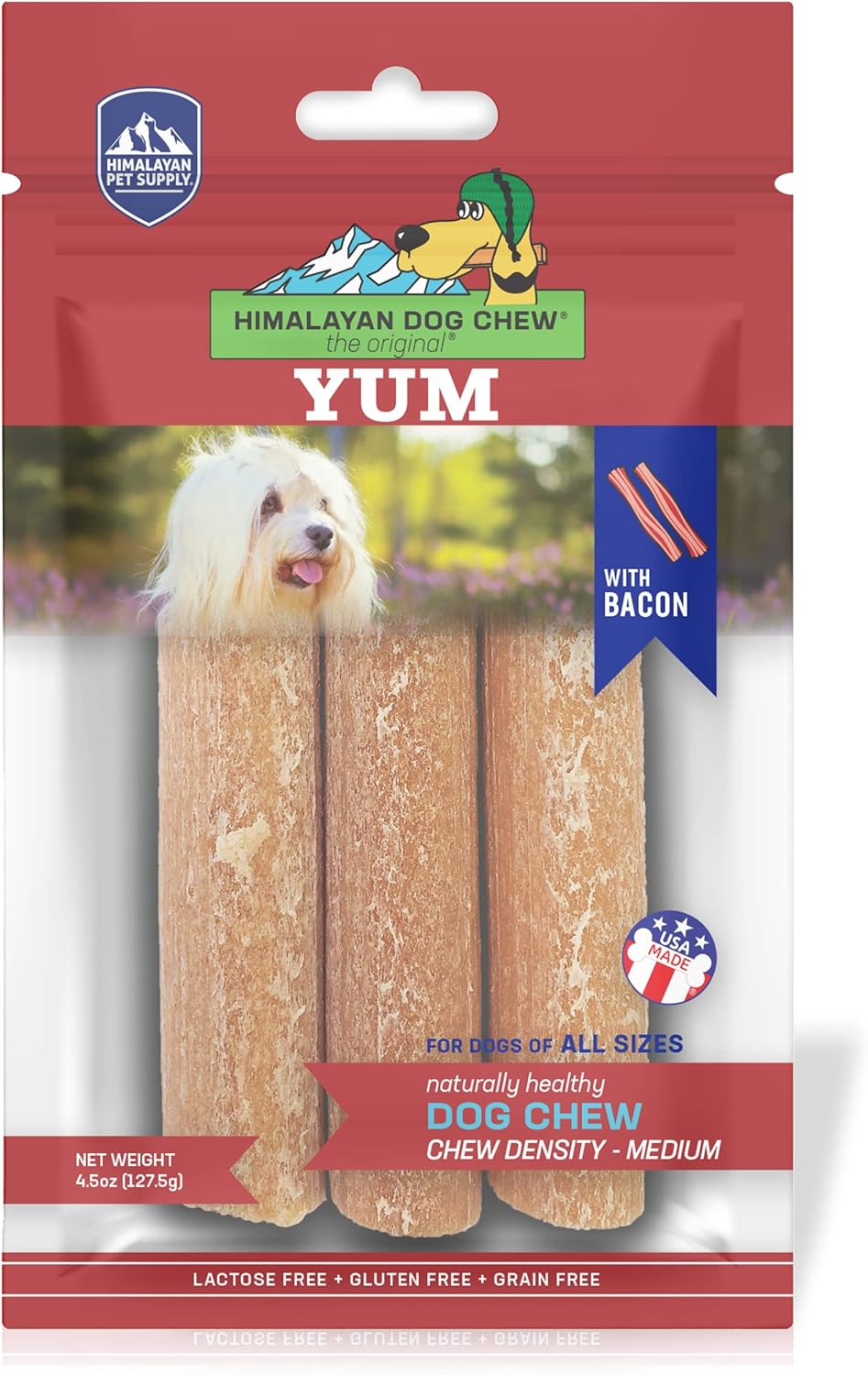Himalayan Dog Chew Yak Cheese Dog Chews, Lactose Free & Grain Free, Usa Made, For All Dog Breeds, Medium Density Cheese Chew, Resealable Pouch With 3 Yum Treats, Bacon Flavor